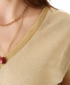 Garcia T-Shirt in beige mit Glitzer-Optik und V-Ausschnitt