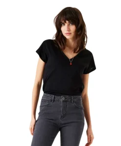 Garcia T-Shirt in schwarzer Glitzer-Optik mit V-Ausschnitt