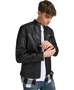 Jack & Jones Bikerjacke Rocky aus schwarzem Leder