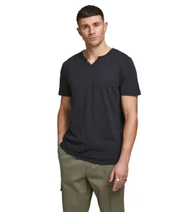 Jack & Jones T-Shirt Split mit Neck in schwarzem Black