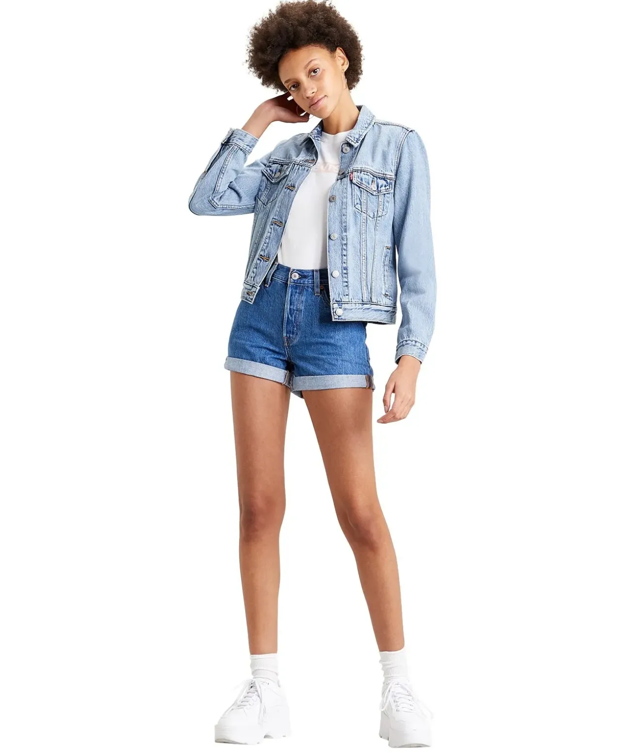 Levis Damen Jeans Shorts Long 501 mit hohem Bund