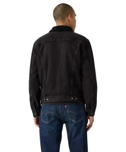 LEVI'S Trucker Jacke aus schwarzem Denim mit Sherpa-Futter