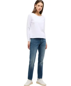 Mustang Langarmshirt Elly in Weiß mit Rundhalsausschnitt