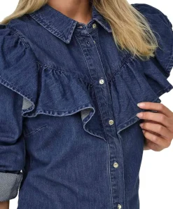 Only Jeansbluse in Dark Blue mit Rüschen und Langarm