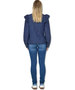 Only Jeansbluse in Dark Blue mit Rüschen und Langarm