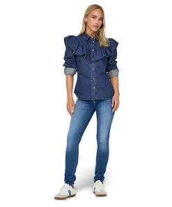 Only Jeansbluse in Dark Blue mit Rüschen und Langarm