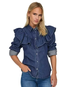 Only Jeansbluse in Dark Blue mit Rüschen und Langarm