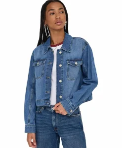 ONLY Jeansjacke Lumi mit Fly-Away Kragen in Mittelblau