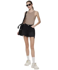 PIECES Jeansshorts in schwarz mit ausgefranstem Saum