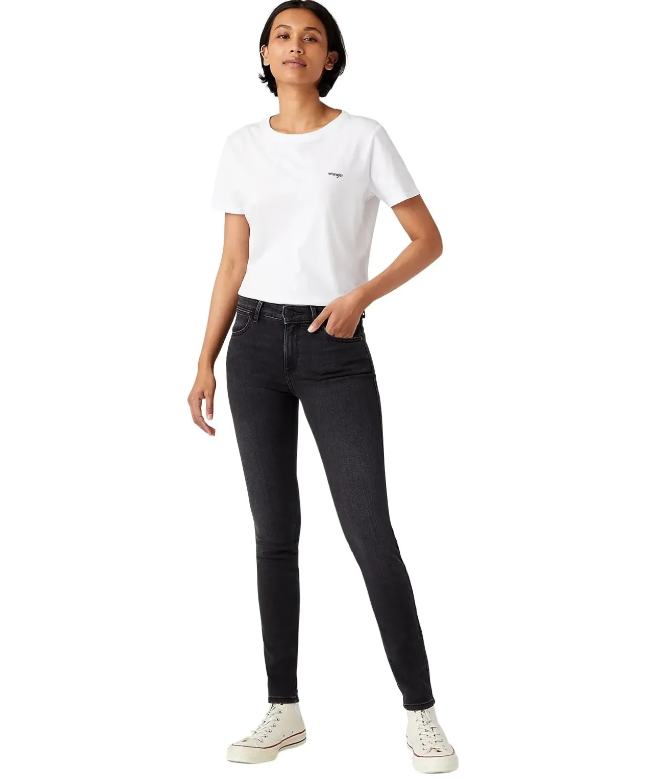 Wrangler Jeans Skinny Fit in schwarzem Soft Nights Denim
