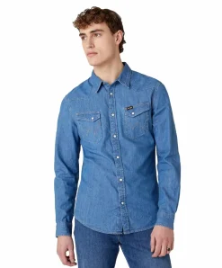 Wrangler Jeanshemd Western Shirt in blauem Mid Stone