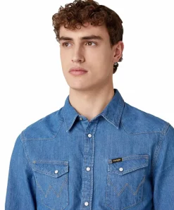 Wrangler Jeanshemd Western Shirt in blauem Mid Stone